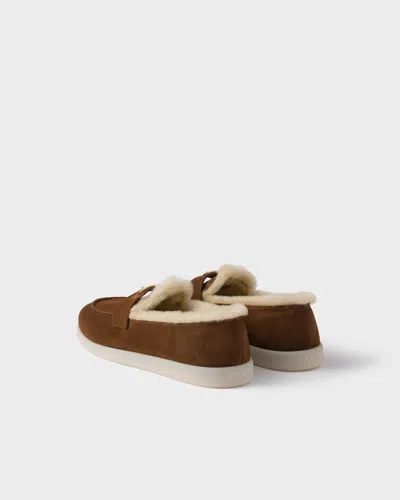 Prada Suede And Sheepskin Loafers In Brown
