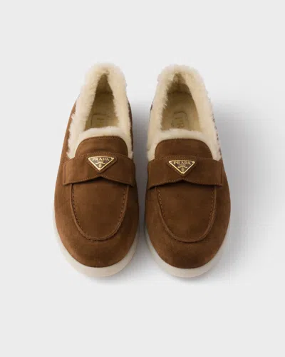 Prada Suede And Sheepskin Loafers In Brown