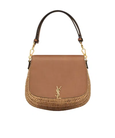 Saint Laurent Voltaire Mini Ysl Top-handle Bag In Bamboo And Calfskin In Brown