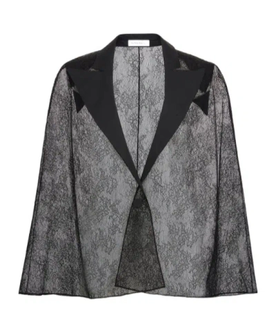 Nina Ricci Sheer Lace Deep V-neck Long Sleeve Top In Black