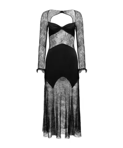 Nina Ricci Open Neck And Long Sleeves In Lace And Satin Long Dress In Black