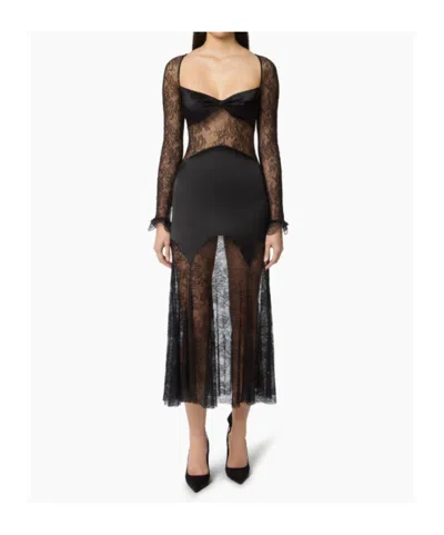 Nina Ricci Open Neck And Long Sleeves In Lace And Satin Long Dress In Black