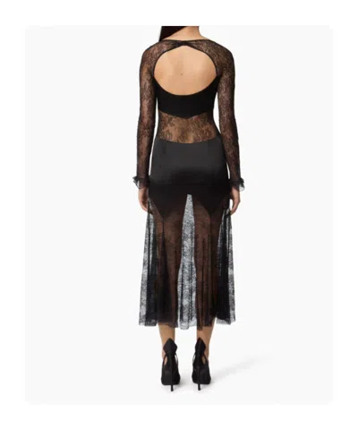 Nina Ricci Open Neck And Long Sleeves In Lace And Satin Long Dress In Black