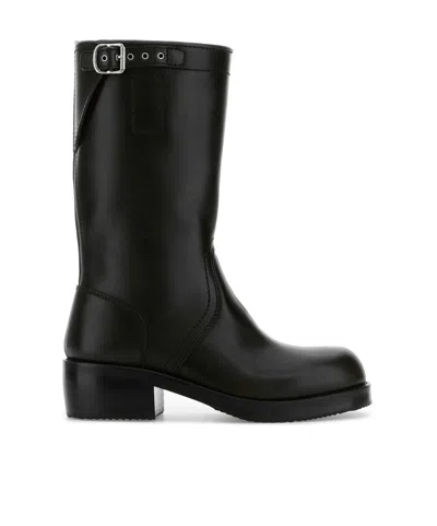 Dries Van Noten Mid-calf Block Heel Leather Boots With Buckle In Black