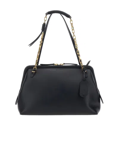 Etro Black Shoulder Bag With Chain-link Shoulder Strap And Tag With Embossed Logo On The Front In Leather In Black