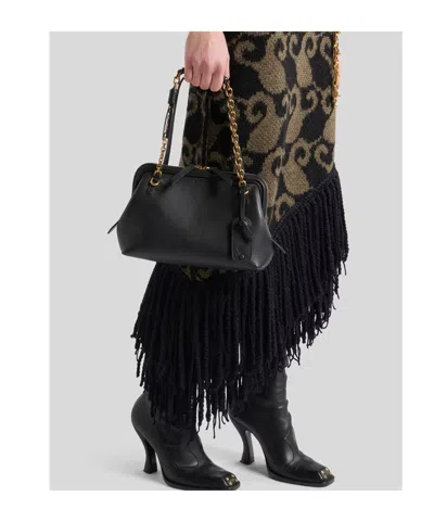 Etro Black Shoulder Bag With Chain-link Shoulder Strap And Tag With Embossed Logo On The Front In Leather In Black