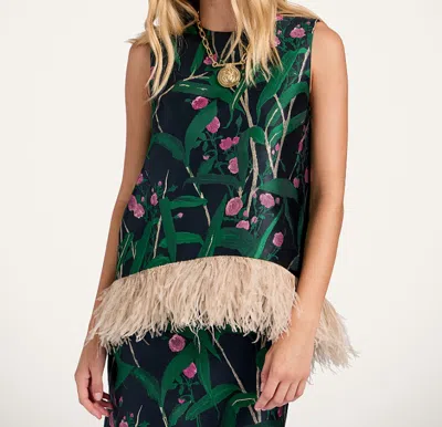 La Doublej Icon La Scala Feather-trimmed Floral-jacquard Top In Green