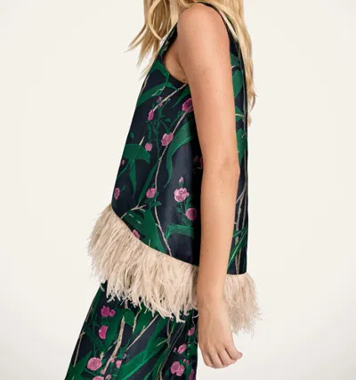 La Doublej Icon La Scala Feather-trimmed Floral-jacquard Top In Green