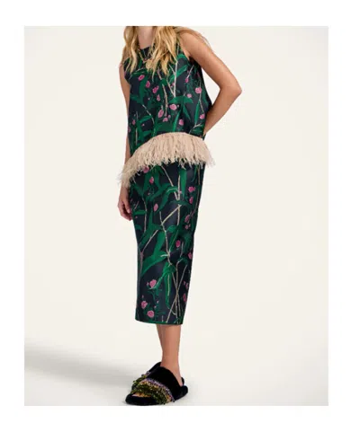 La Doublej Icon La Scala Feather-trimmed Floral-jacquard Top In Green