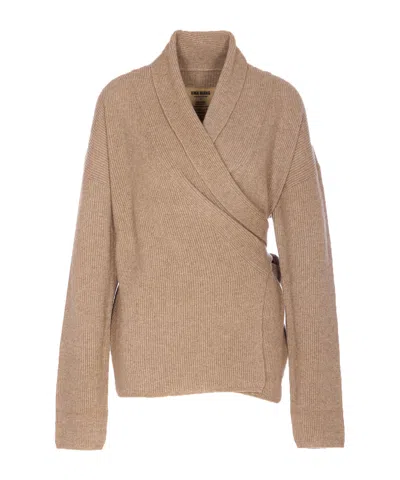 Uma Wang Wrap Cardigan With Belted Waist And Bow In Brown