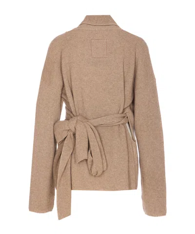 Uma Wang Wrap Cardigan With Belted Waist And Bow In Brown