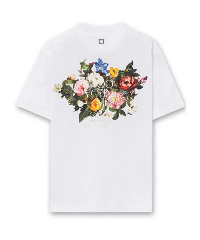 Wooyoungmi White Crewneck T-shirt With Logo Patch On The Front And Floral Motif On The Rear In Cotton Man In White