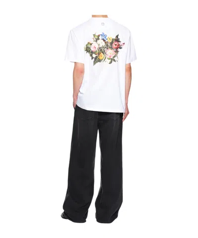 Wooyoungmi White Crewneck T-shirt With Logo Patch On The Front And Floral Motif On The Rear In Cotton Man In White