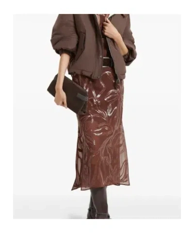 Brunello Cucinelli Floral Midi Skirt Sheer Overlay In Brown