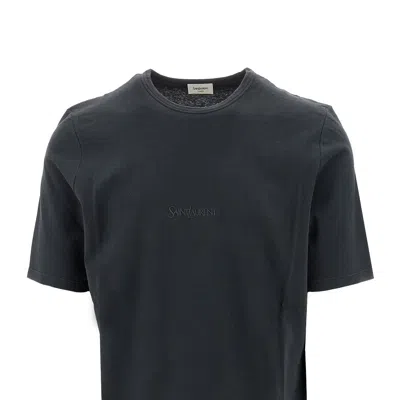 Saint Laurent Dark Grey T-shirt With Logo Lettering On The Front Tone-on-tone In Cotton Man In Animal Print