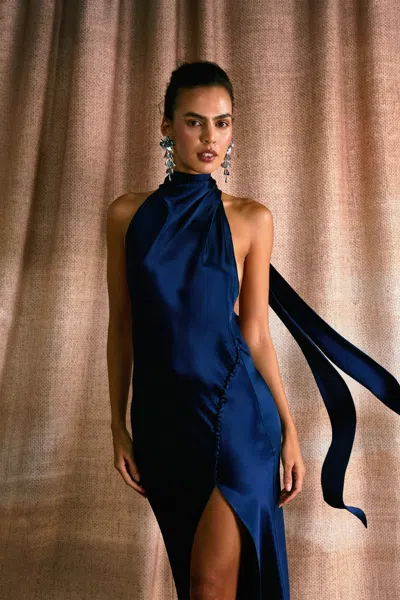 Sau Lee Penelope Satin Halter Neck Gown In Blue