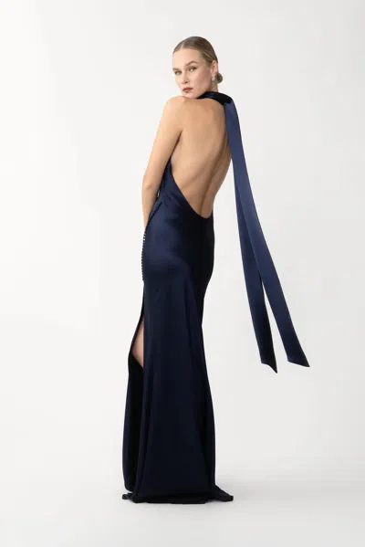 Sau Lee Penelope Satin Halter Neck Gown In Blue