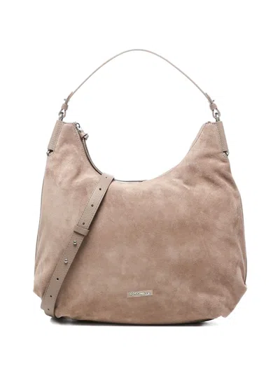 Coccinelle Suede Handbag With Adjustable Shoulder Strap In Neutral