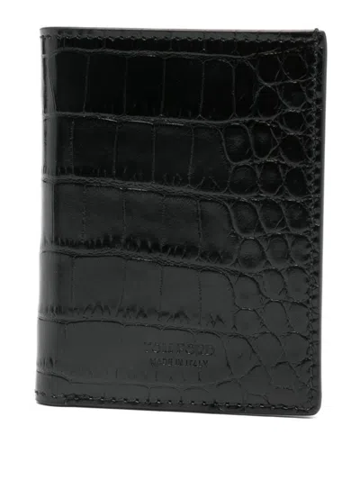 Tom Ford Black Croc-embossed Leather Cardholder In Black