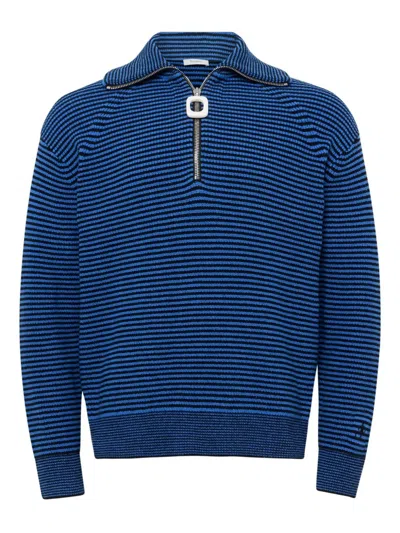 Jw Anderson Blue Sweater With Half Zip Closure On The Front In Cotton Piquet Man In Blue