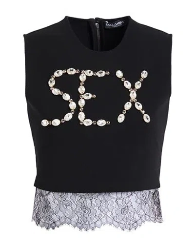Dolce & Gabbana Black Jersey Lace Ruching Rhinestone Tank Top In Black
