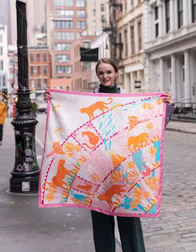 Jessie Zhao New York Double Sided Silk Scarf Of Around The World In Pink