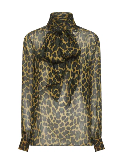 Saint Laurent Leopard Print Silk Muslin Blouse In Brown