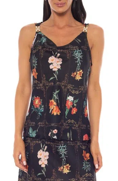 Tash And Sophie Floral Hardware Satin Top In Multi
