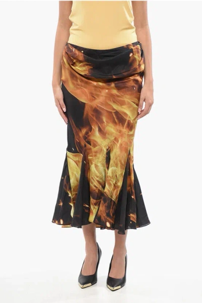 Balmain Silk Midi Skirt With Flames Print In Multi