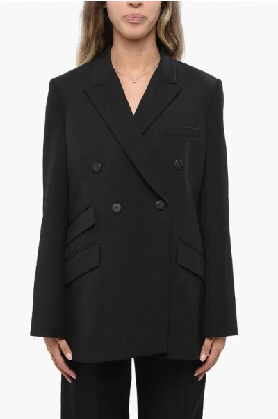 Partow Virgin Wool Double Breasted Blazer With Flap Pocket In Black