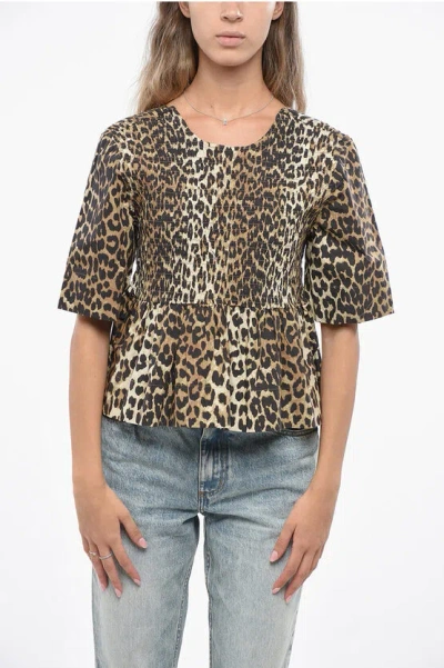 Ganni Tan Leopard Cotton Poplin Peplum Tie Blouse In Black