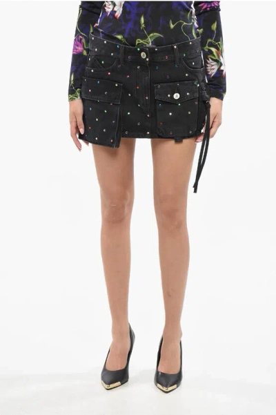 Attico All-over Studs Denim Miniskirt With Multipockets In Black