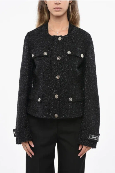 Versace Medusa Head Single-breasted Tweed Jacket In Black