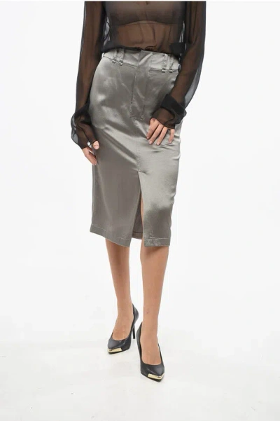 Saint Laurent Silk Longuette Skirt With Frontal Split In Silver