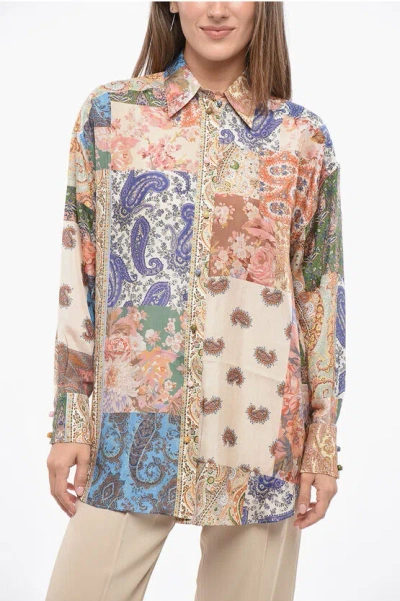 Zimmermann Patchwork Effect Silk Davi Blouse With Jewels Buttons In Multi