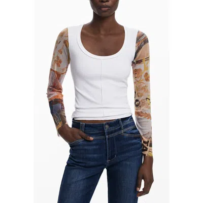 Desigual Mesh Sleeve Scoop Neck Rib Top In White