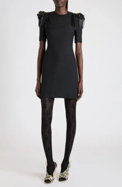 Valentino Embroidered Strong-shoulder Crepe Mini Dress In Black