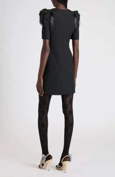 Valentino Embroidered Strong-shoulder Crepe Mini Dress In Black