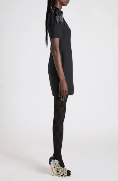 Valentino Embroidered Strong-shoulder Crepe Mini Dress In Black