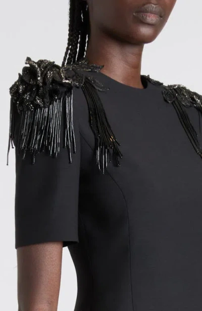 Valentino Embroidered Strong-shoulder Crepe Mini Dress In Black