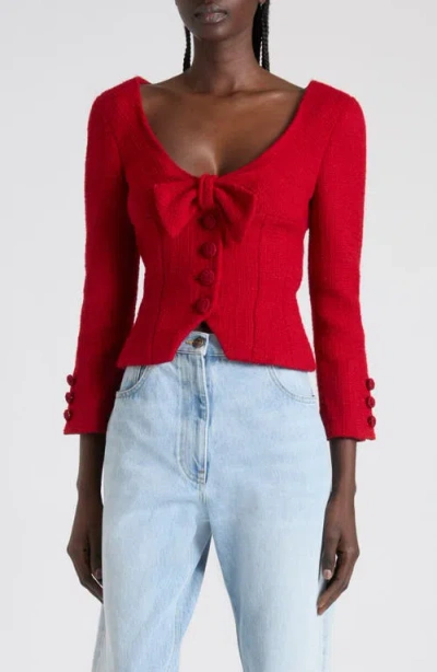 Valentino Womens Bow-embroidered Scoop-neck Tweed Jacket Paris In Red