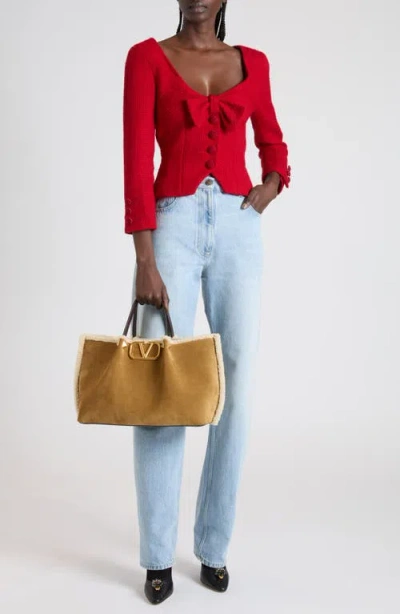 Valentino Womens Bow-embroidered Scoop-neck Tweed Jacket Paris In Red