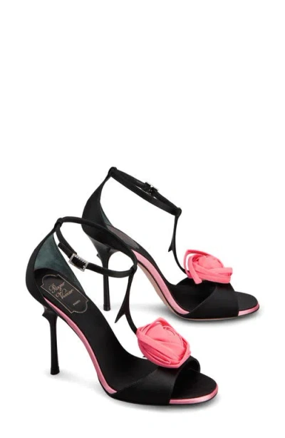 Roger Vivier Rose Vivier Satin T-strap Sandal In Black