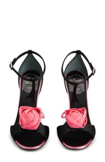 Roger Vivier Rose Vivier Satin T-strap Sandal In Black