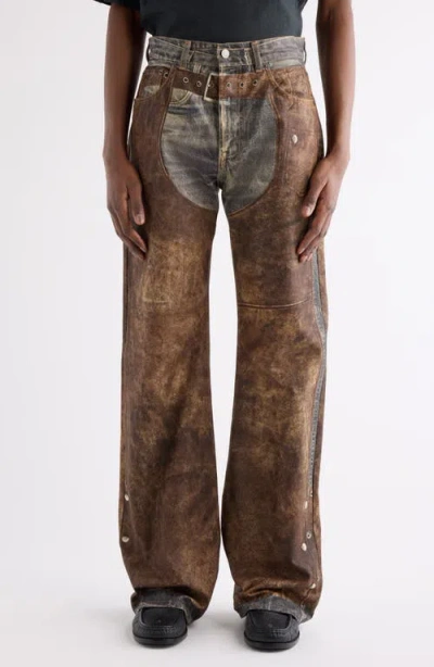 Acne Studios Wide Leg Patchwork Jeans With Button And Loops In Brown