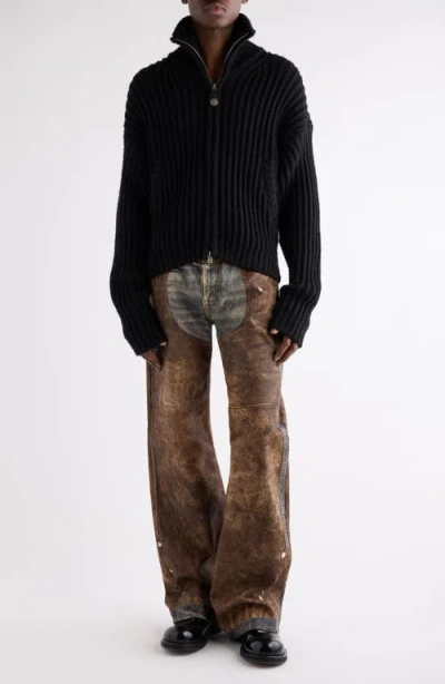 Acne Studios Wide Leg Patchwork Jeans With Button And Loops In Brown