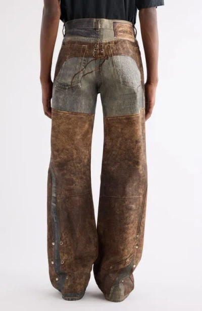 Acne Studios Wide Leg Patchwork Jeans With Button And Loops In Brown