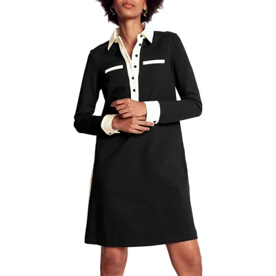 Boden Contrast Placket Long Sleeve Ponte Knit Shirtdress In Black