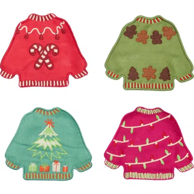 Piecework Puzzles Assorted Set Of 4 Ugly Sweaters Linen Cocktail Napkins In Multi