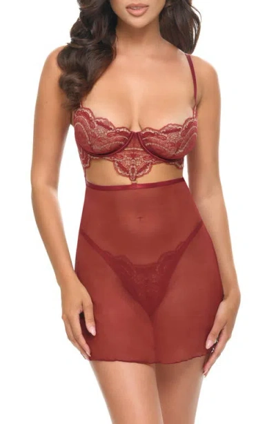 Oh La La Cheri Arielle Metallic Underwire Lace & Mesh Chemise & G-string Set In Brown
